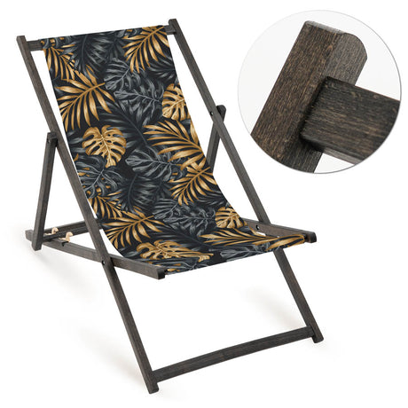 Holz-Liegestuhl Monstera Fullprint mit schwarzem Gestell