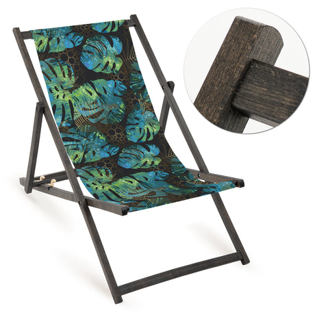 Holz-Liegestuhl Monstera-Blätter Fullprint mit schwarzem Gestell