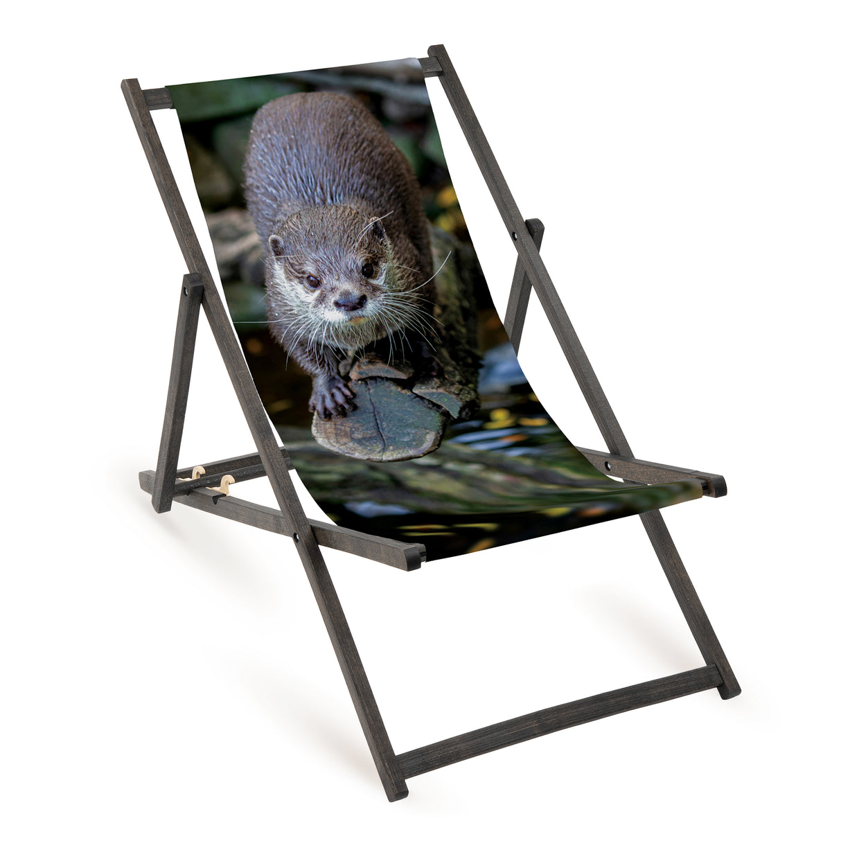 Holz-Liegestühle Angler-Motiv mit schwarzem Gestell