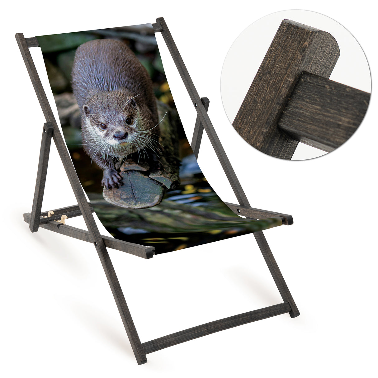 Holz-Liegestühle Angler-Motiv mit schwarzem Gestell