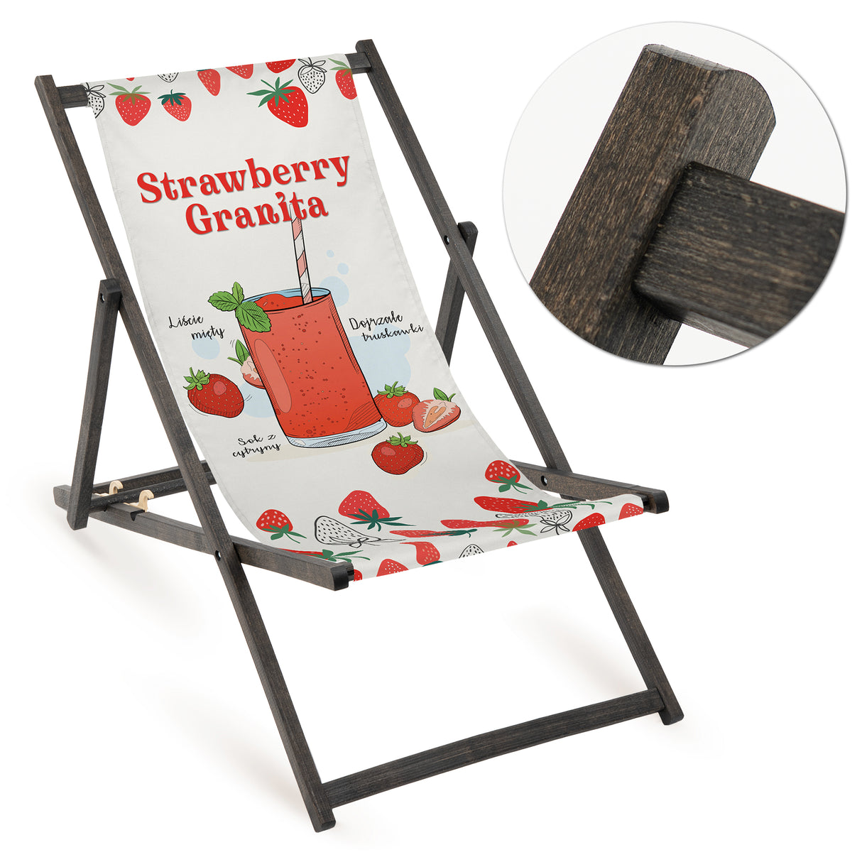 Holz-Liegestuhl Erdbeere Fullprint mit schwarzem Gestell
