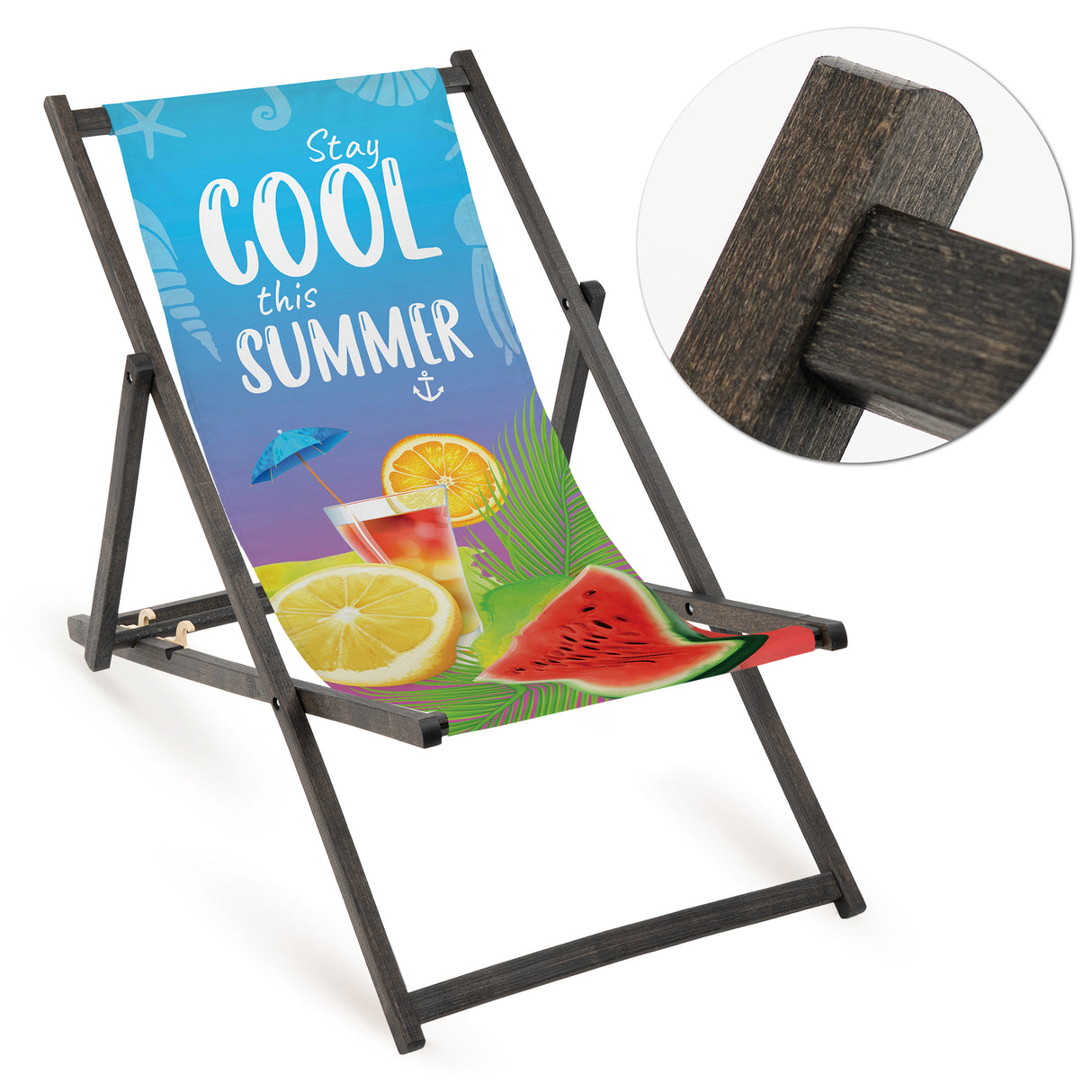 Holz-Liegestuhl Stay Cool Fullprint mit schwarzem Gestell