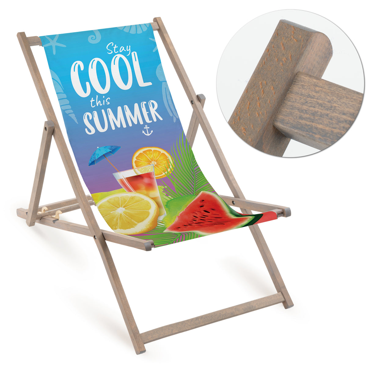 Holz-Liegestuhl Stay Cool This Summer Fullprint mit grauem Gestell