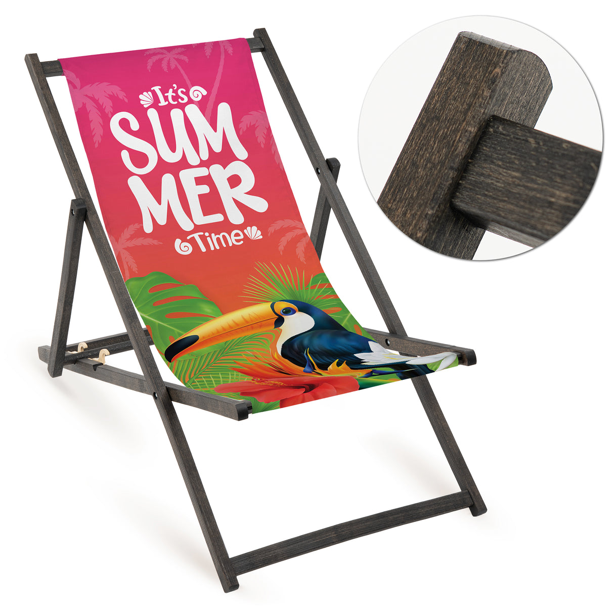 Holz-Liegestuhl It's Summer Time Fullprint mit schwarzem Gestell