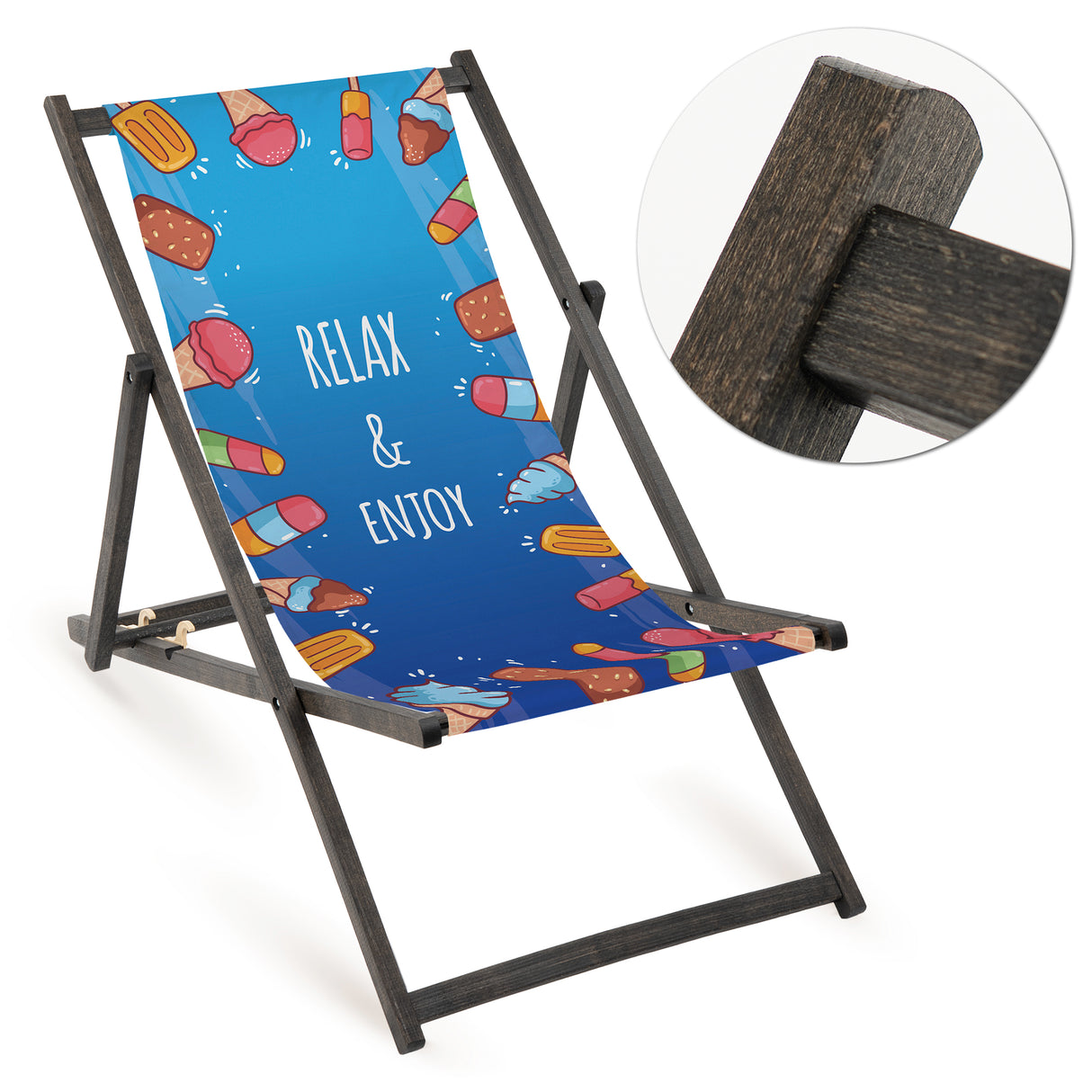 Holz-Liegestuhl Relax & Enjoy Fullprint mit schwarzem Gestell