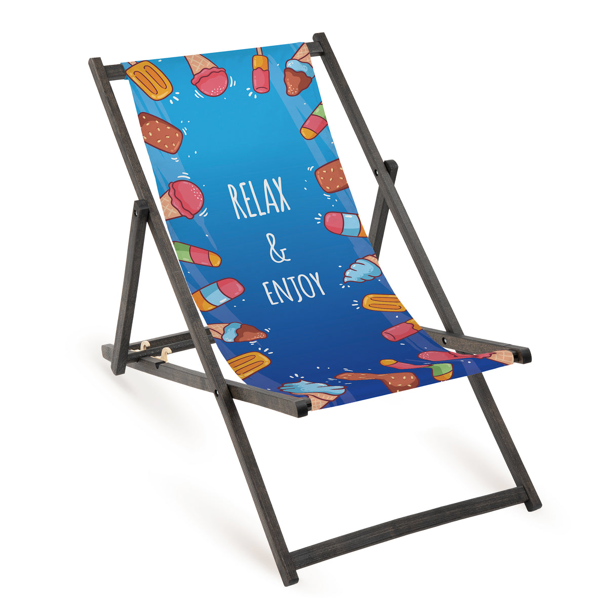 Holz-Liegestuhl Relax & Enjoy Fullprint mit schwarzem Gestell