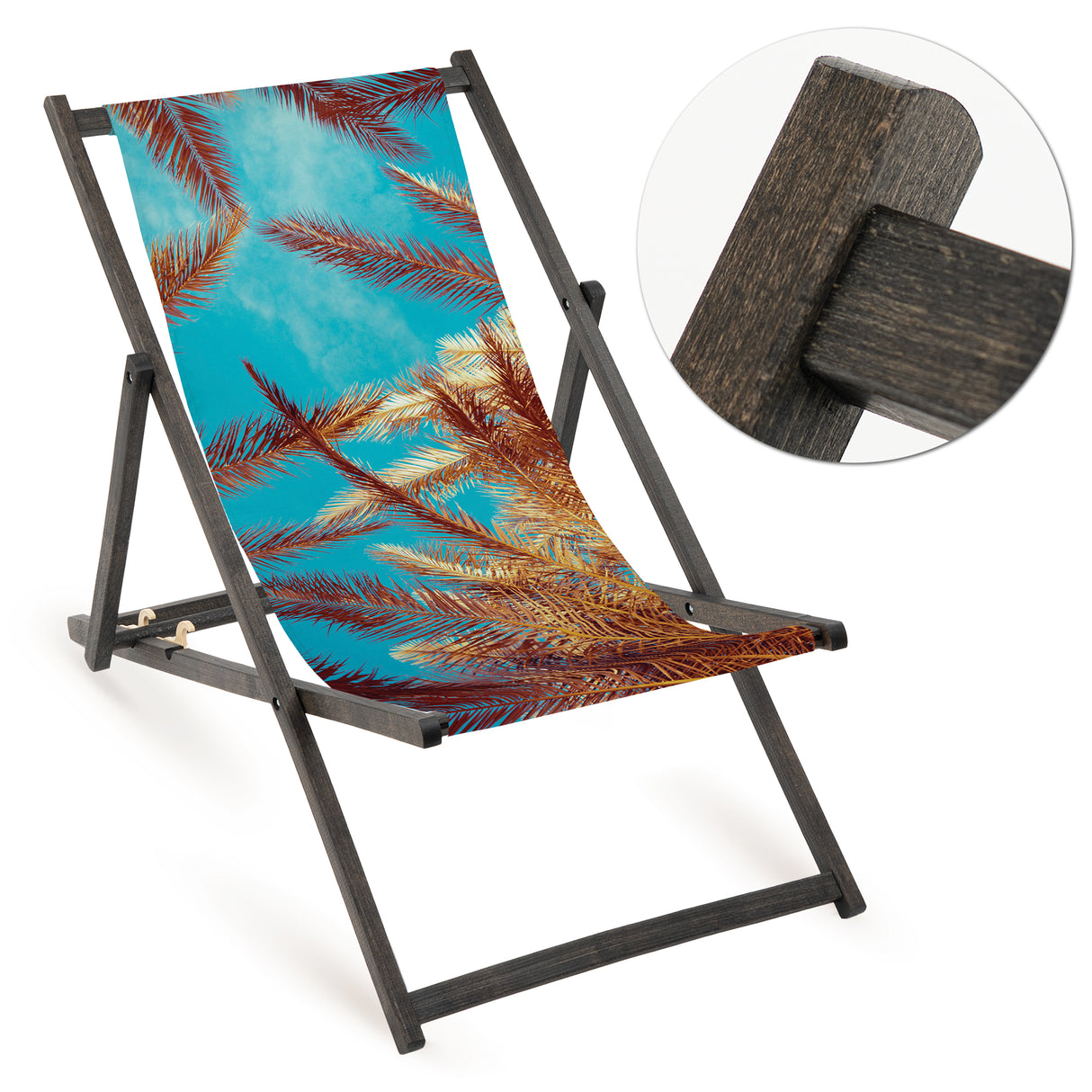 Holz-Liegestuhl Palmy Fullprint mit schwarzem Gestell