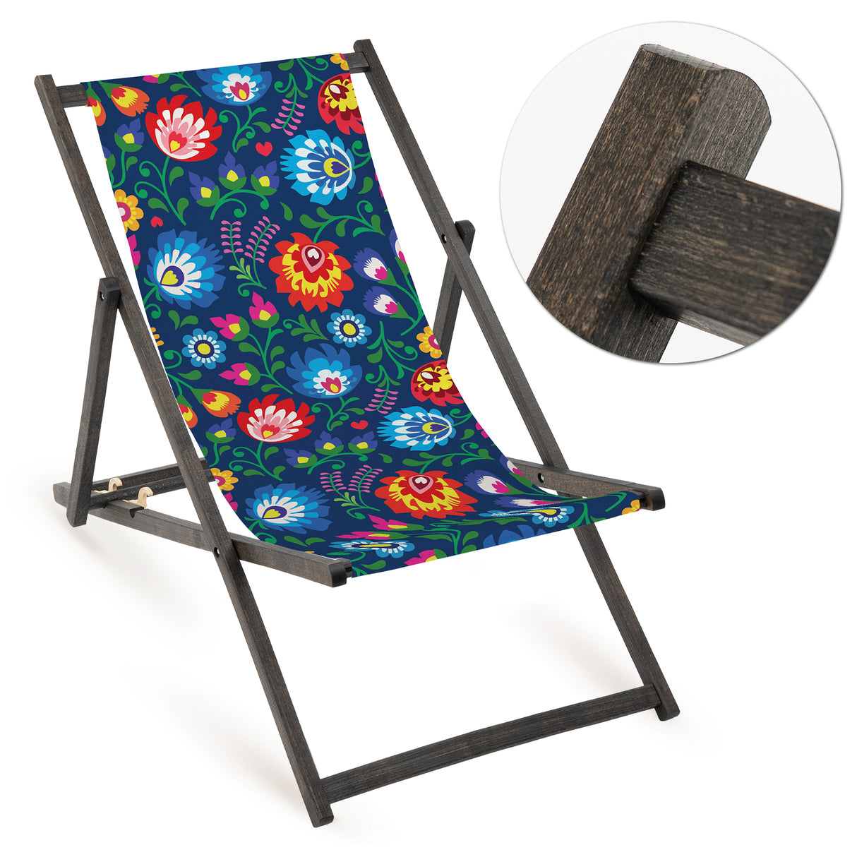 Holz-Liegestuhl Dunkelblau Folk Design Fullprint mit schwarzem Gestell