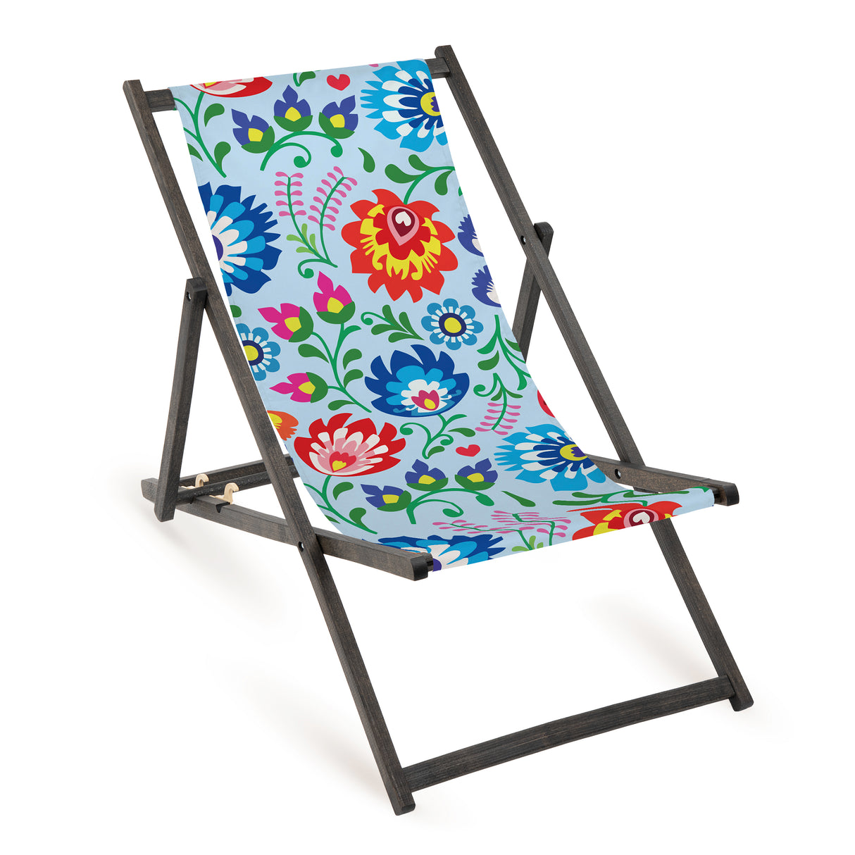 Holz-Liegestuhl Hellblau Folk Design Fullprint mit schwarzem Gestell