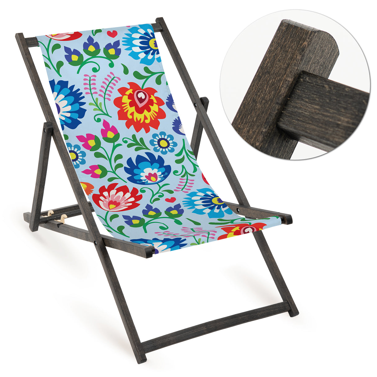 Holz-Liegestuhl Hellblau Folk Design Fullprint mit schwarzem Gestell