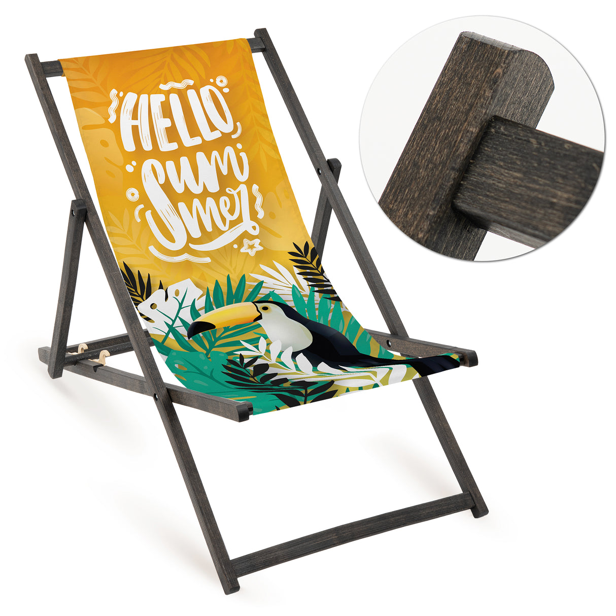 Holz-Liegestuhl Hello Summer Fullprint mit schwarzem Gestell