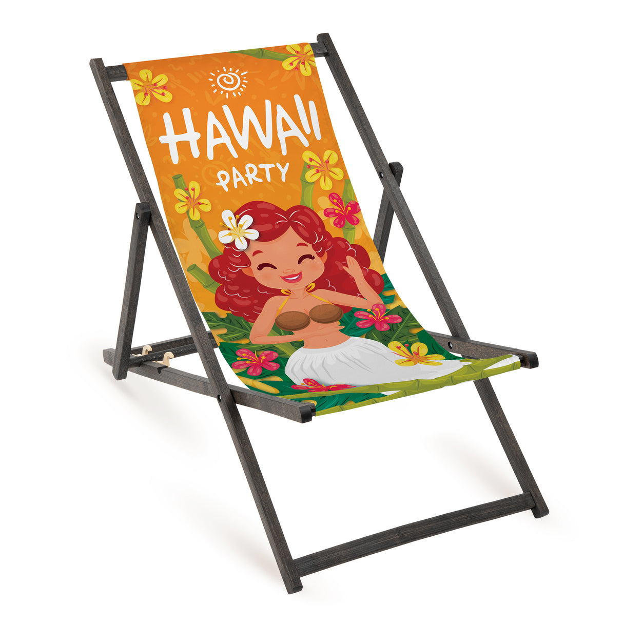 Holz-Liegestuhl Hawaii Party Fullprint mit schwarzem Gestell