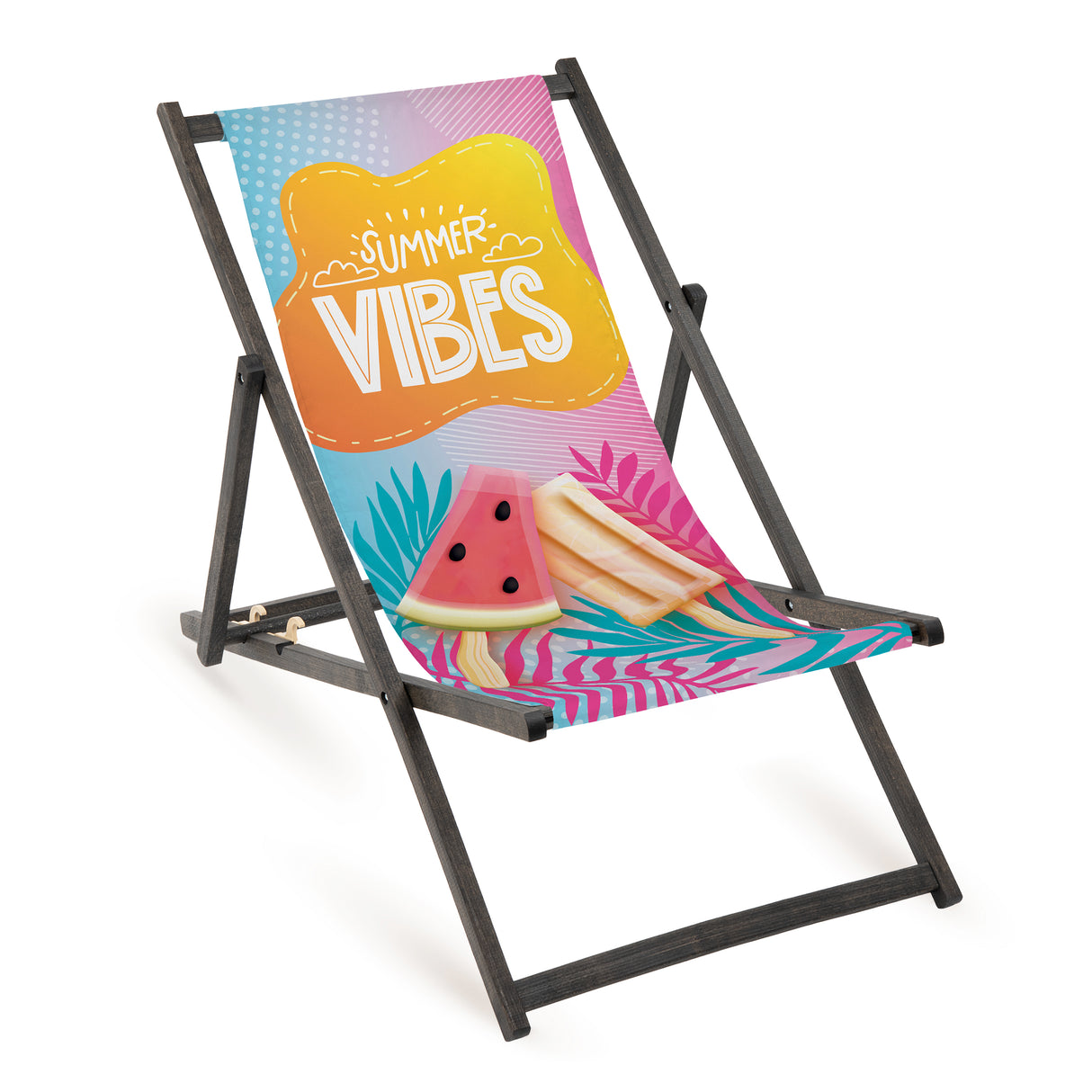 Holz-Liegestuhl Summer Vibes Fullprint mit schwarzem Gestell