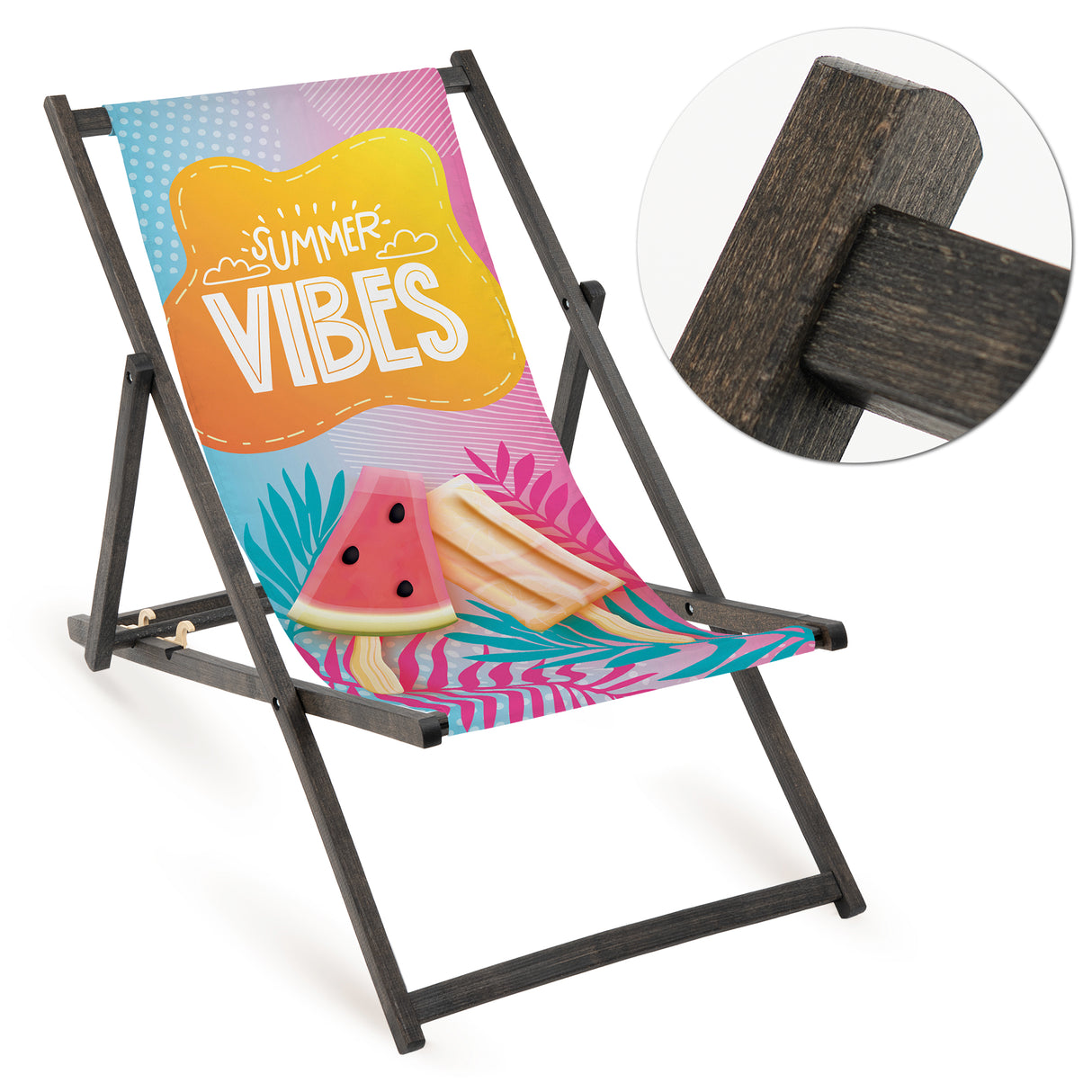 Holz-Liegestuhl Summer Vibes Fullprint mit schwarzem Gestell