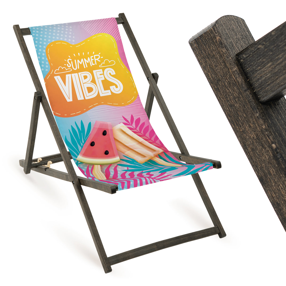 Holz-Liegestuhl Summer Vibes Fullprint mit schwarzem Gestell