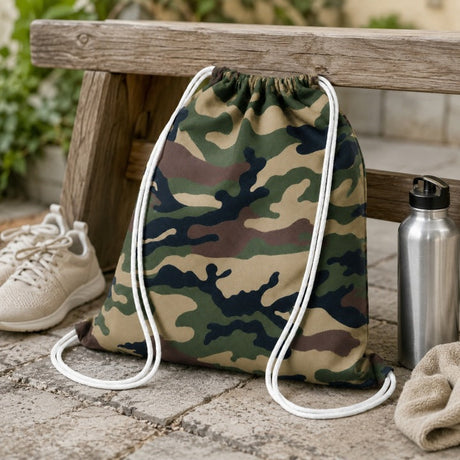 Baumwoll-Turnbeutel Camouflage 340x400mm Kordeln: Weiß