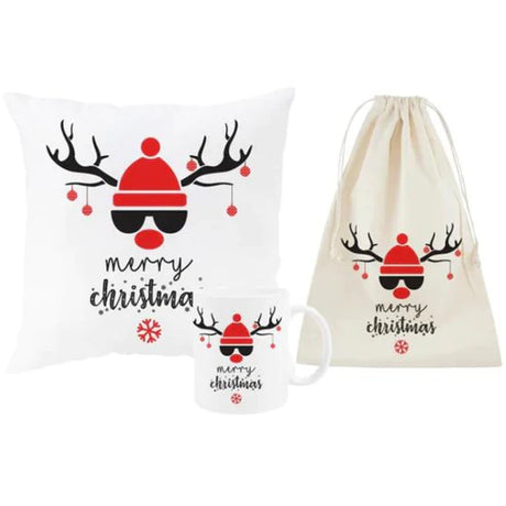 Weihnachtsset Baumwollsäcke + Becher + Kissen Rentier