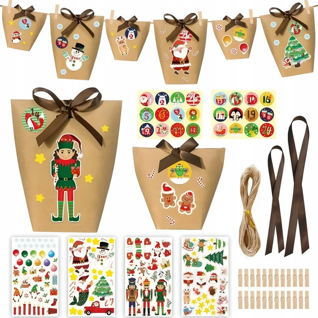 Adventskalender in Schachtel mit Weihnachtsaufklebern