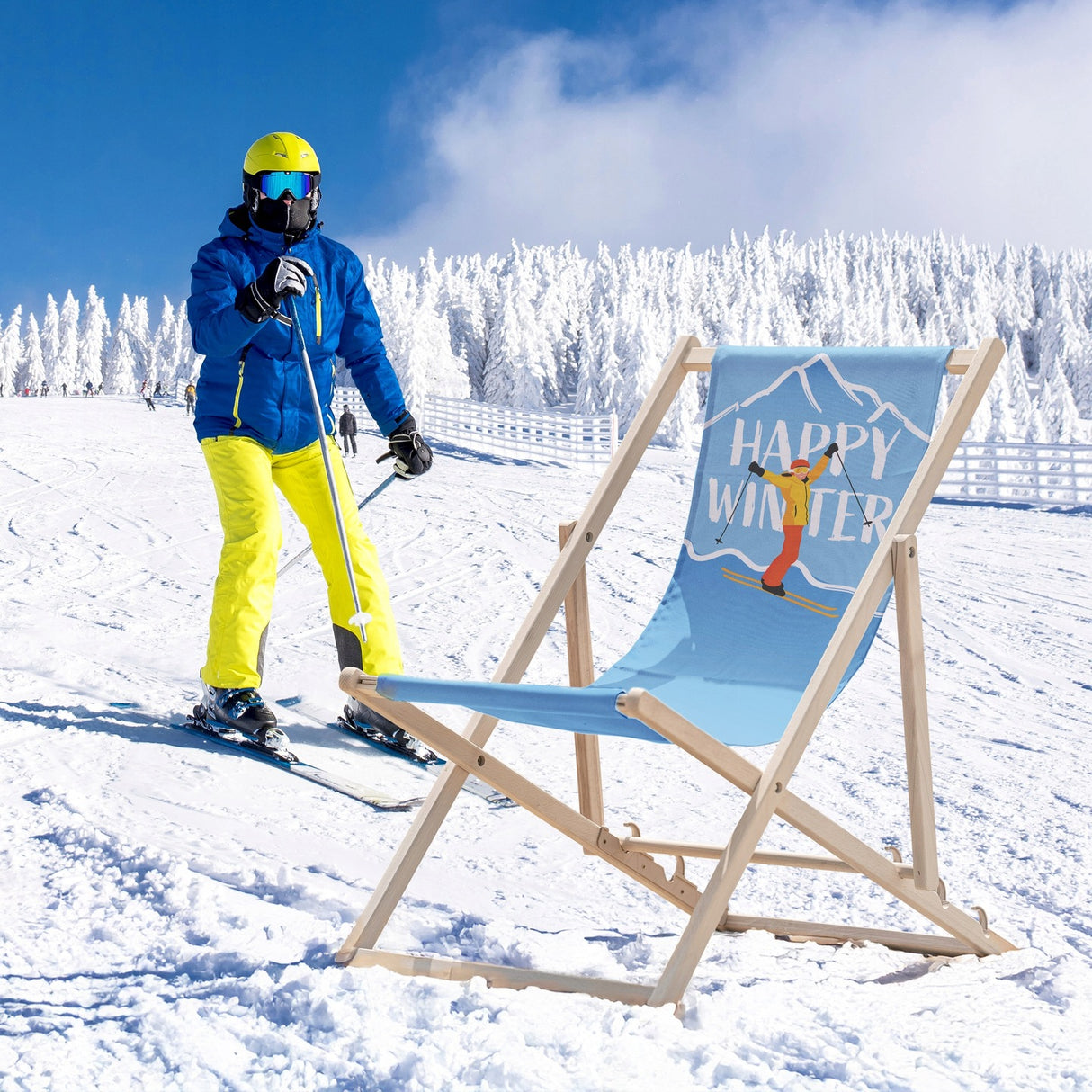 Liegestuhl aus Holz mit HAPPY WINTER-Aufdruck