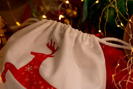 Weihnachts-Baumwollbeutel 210x200mm weiß mit Rentier-Aufdruck