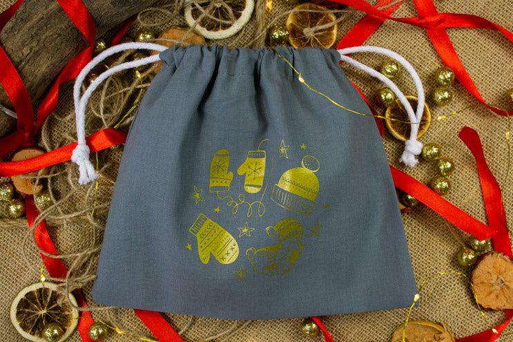 Weihnachts-Baumwolltasche 150x230mm Grau mit Golddruck