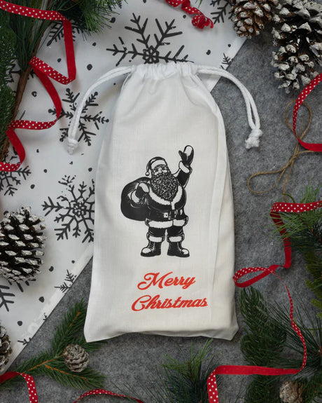 Weihnachtsbeutel aus Baumwolle 18x35cm weiß Santa MERRY