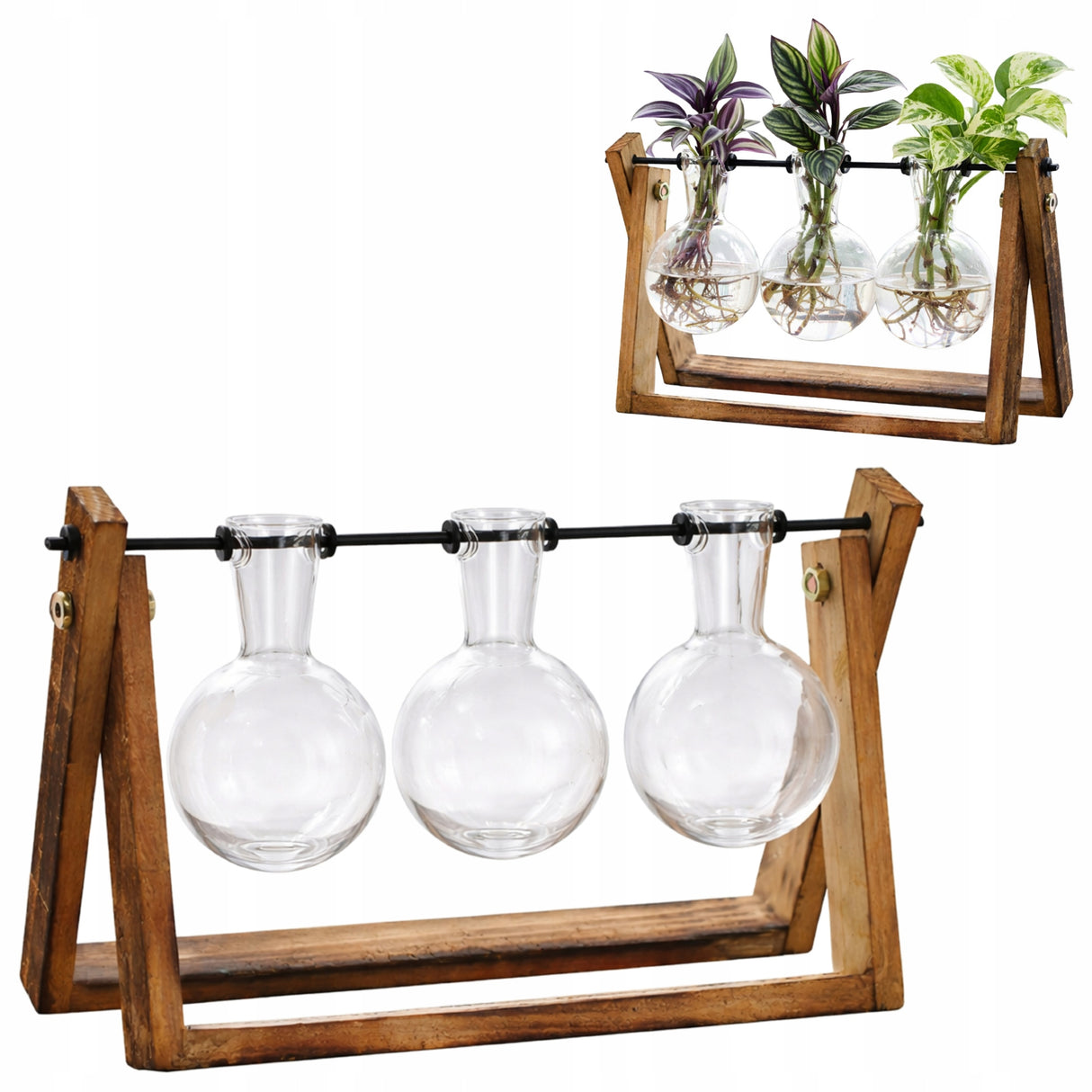 Hydroponik-Glasvasen mit Holzständer für Pflanzen