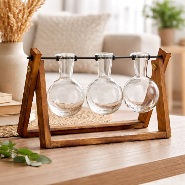 Hydroponik-Glasvasen mit Holzständer für Pflanzen