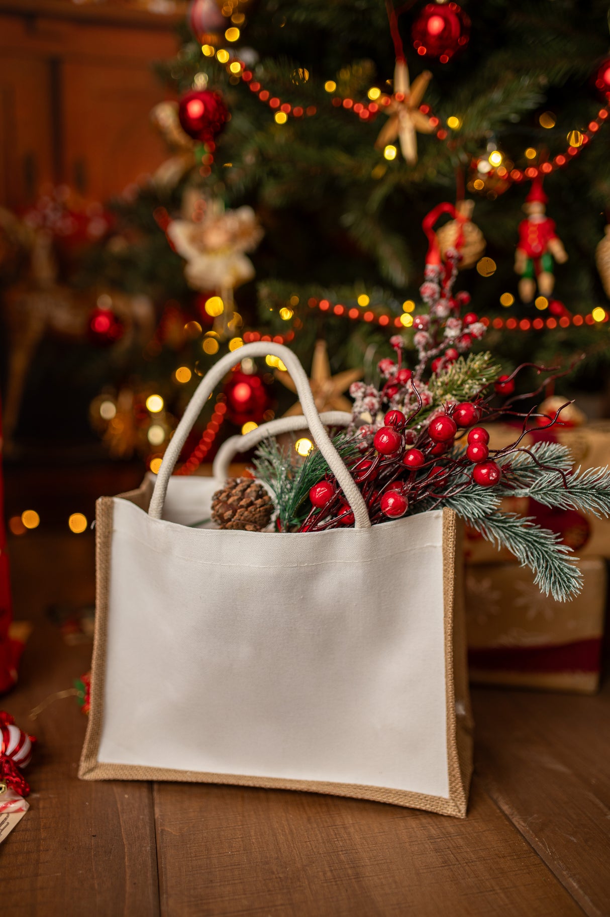 Braun-weiße Jutetasche 320x210x130mm