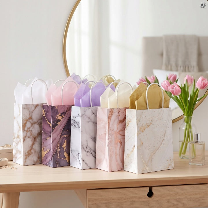 Papiertüte mit gedrehtem Griff 150 × 80 × 210 mm – Marmor