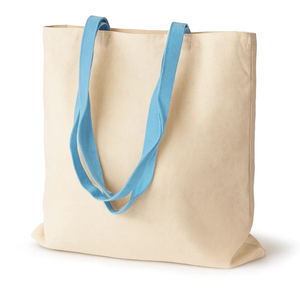 Baumwolltasche Ecru 380x420 mm 220 g mit blauen Henkeln