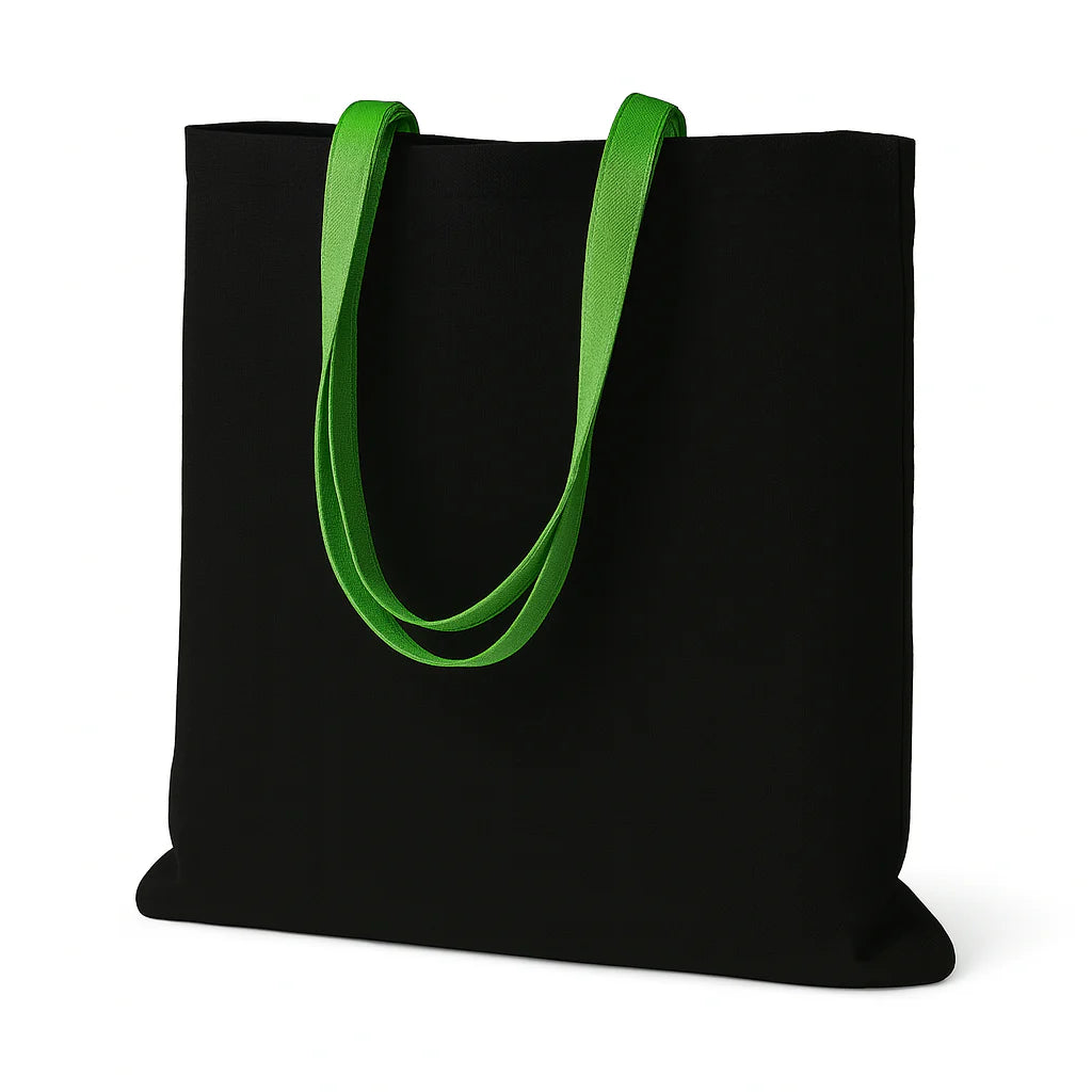 Baumwolltasche Schwarz 380 x 420 mm 280 g mit hellgrünem Griff