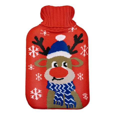 Reindeer Heater Wärmflasche in einem roten Bezug