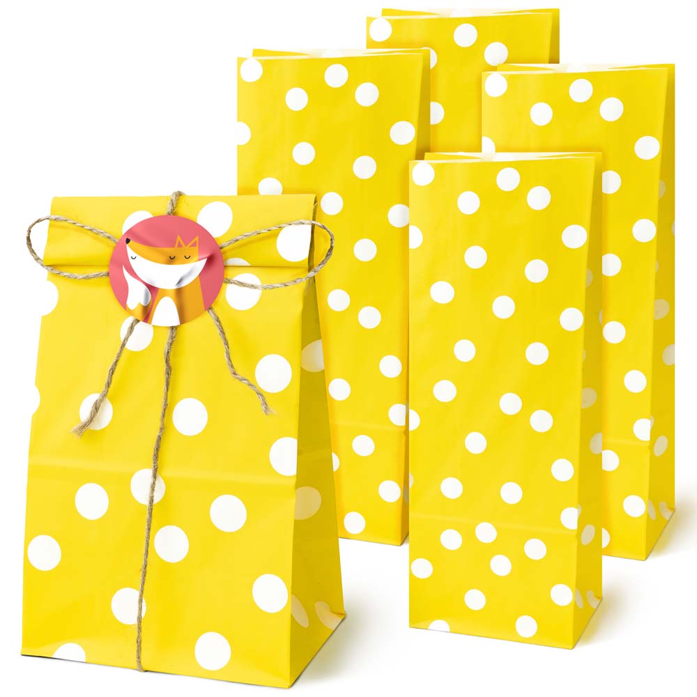 Blockbodenbeutel 11+7x28 cm, 70 g/m², gelb, mit Punkten, 10 Stück