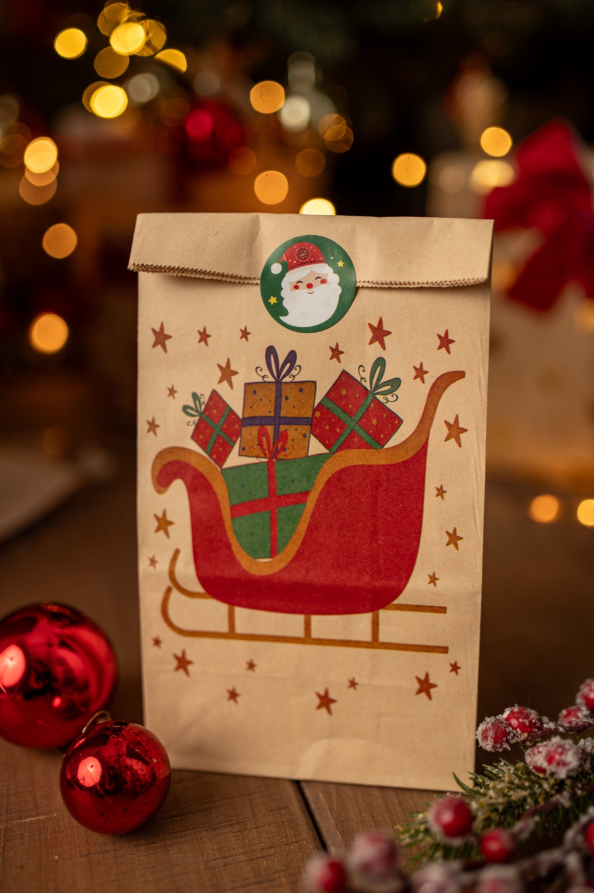 Papiertüte 240x80x13mm braun Weihnachtsmuster 4St.