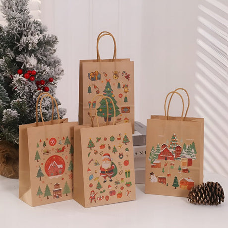 Papiertüte mit gedrehtem Henkel 210x80x150mm braun Weihnachtsmuster 4St.
