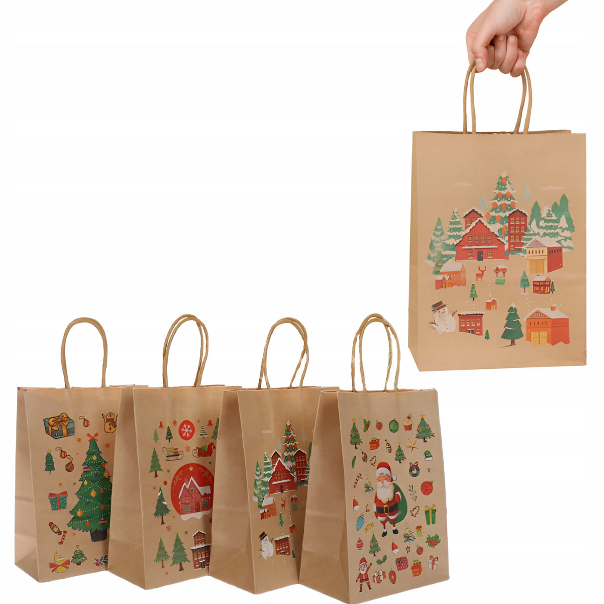 Papiertüte mit gedrehtem Henkel 210x80x150mm braun Weihnachtsmuster 4St.