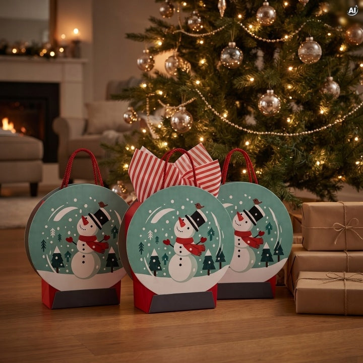 Weihnachts-Papiertragetasche mit roter Kordel 27+9,5x29,5 cm, Schneemann, 3 Stück