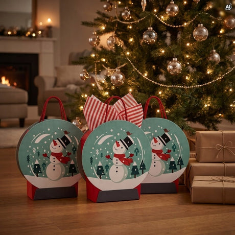 Weihnachts-Papiertragetasche mit roter Kordel 27+9,5x29,5 cm, Schneemann, 3 Stück