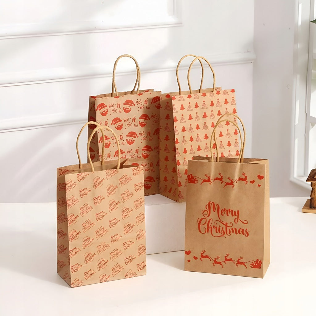 Papiertüte mit gedrehtem Henkel 210x80x150 braun Weihnachtsmuster 4 St.