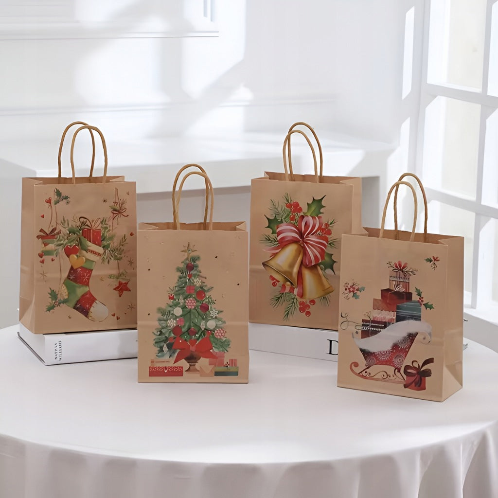 Papiertüte mit gedrehtem Henkel 270x110x210mm braunes Weihnachtsbaummuster 4St.