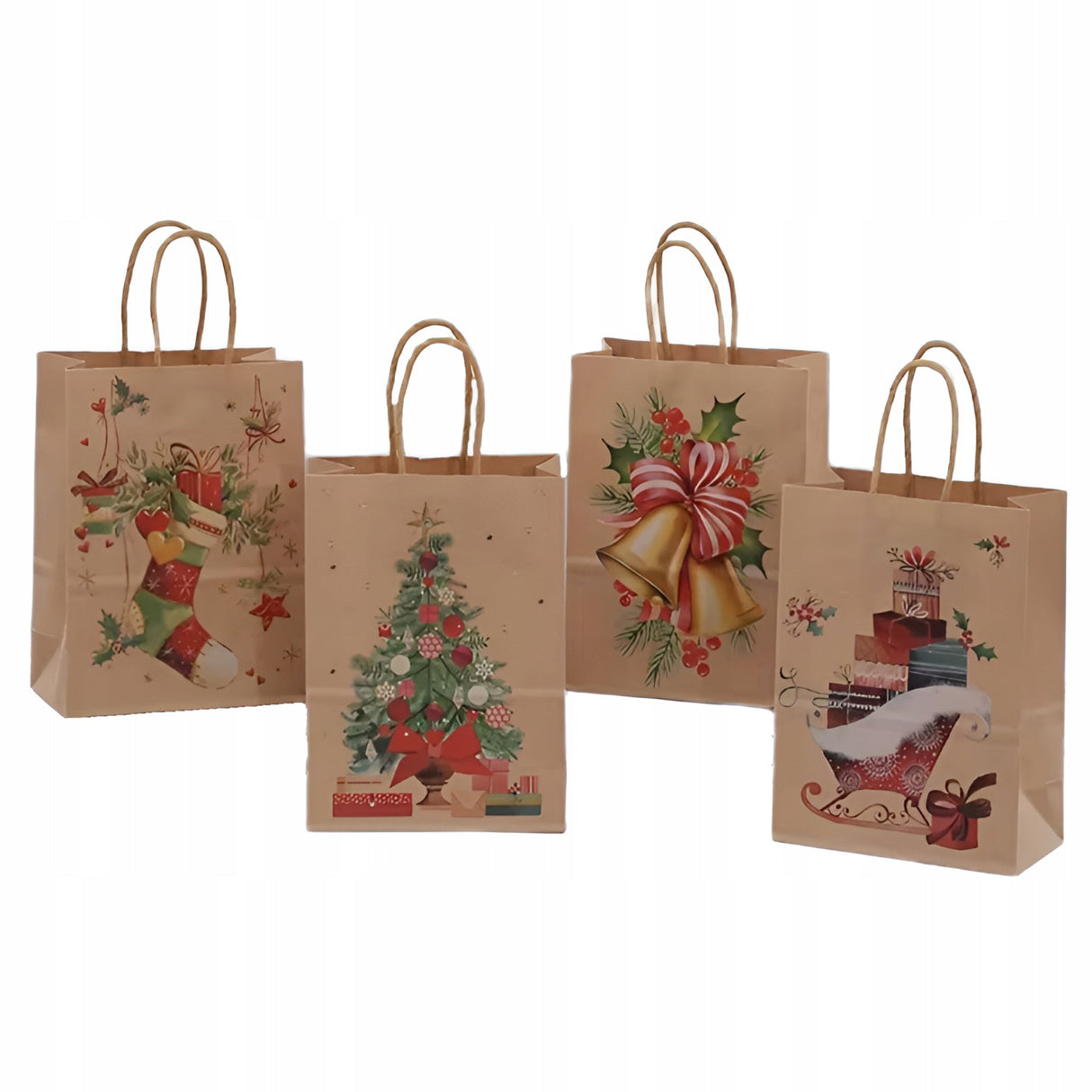 Papiertüte mit gedrehtem Henkel 270x110x210mm braunes Weihnachtsbaummuster 4St.