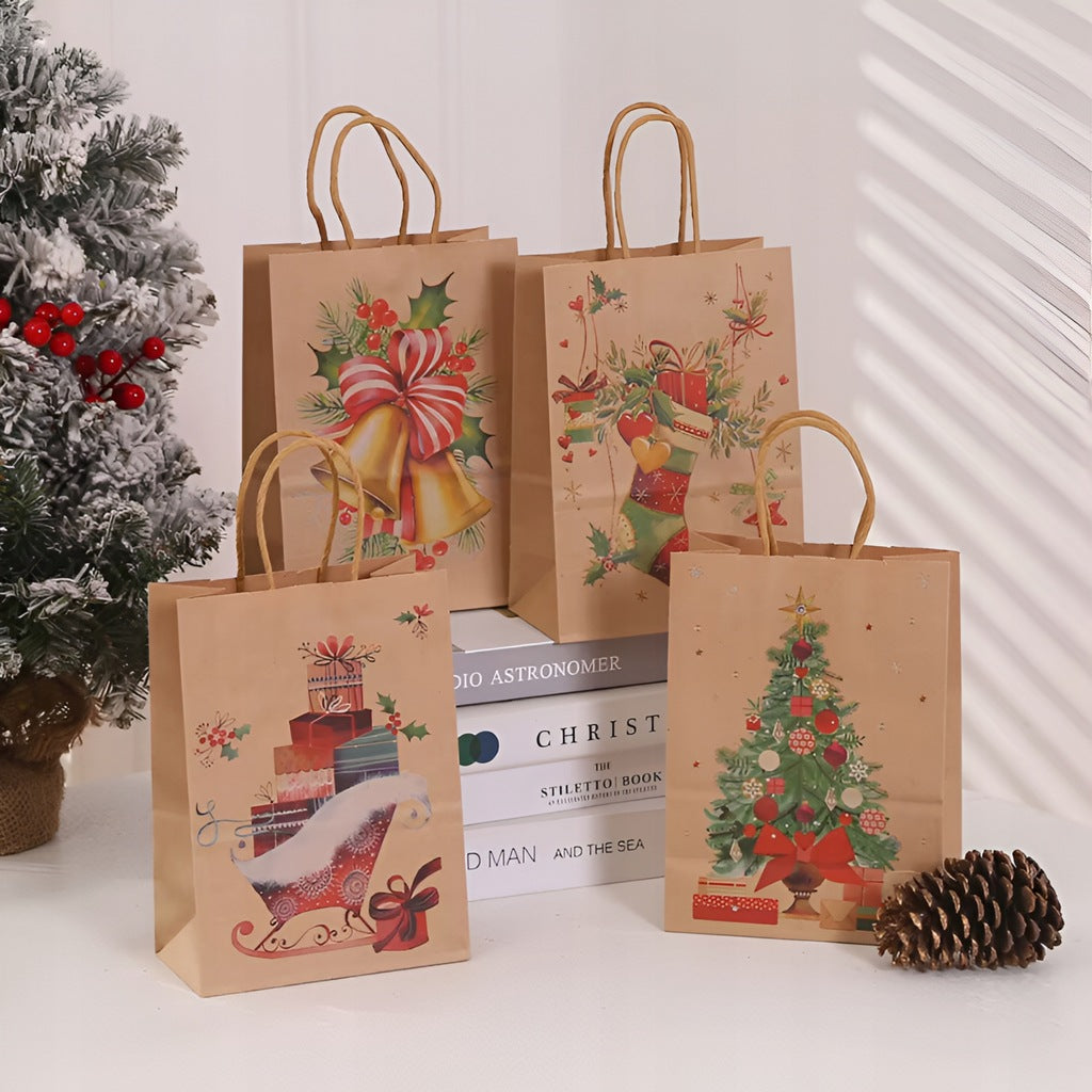 Papiertüte mit gedrehtem Henkel 330x120x260 braun Weihnachtsbaummuster 4 St.
