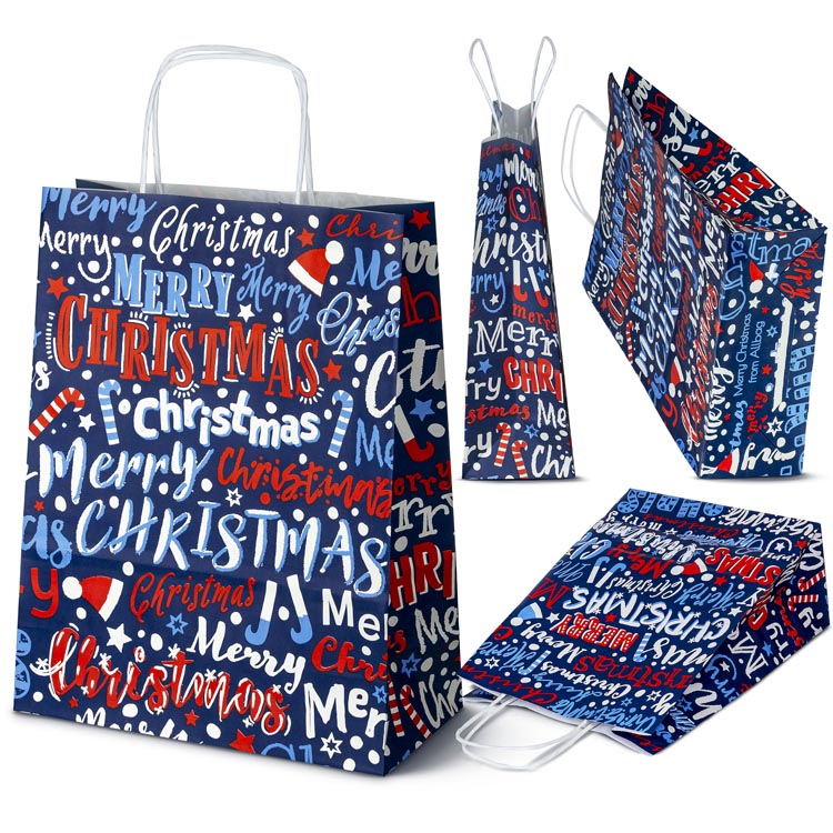 Weihnachtspapiertüte 240x100x320mm Marineblau Frohe Weihnachten