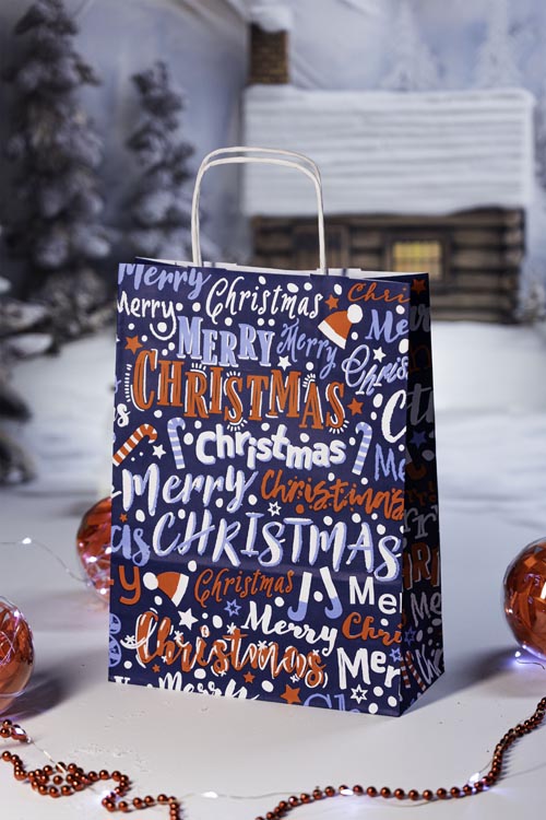 Weihnachtspapiertüte 240x100x320mm Marineblau Frohe Weihnachten