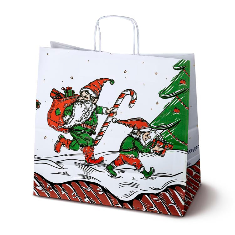 Weihnachtspapiertüte 400x180x390 mm Weihnachtsmann und Elf