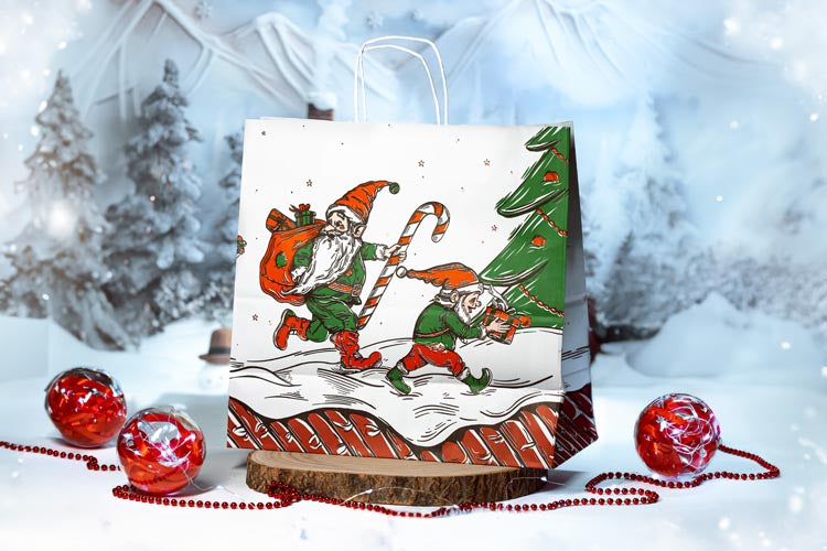Weihnachtspapiertüte 400x180x390 mm Weihnachtsmann und Elf