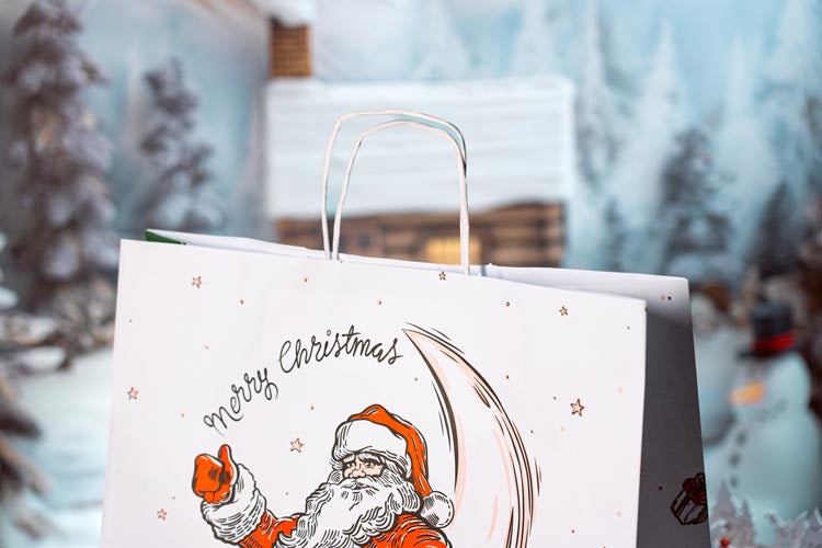 Weihnachtspapiertüte 400x180x390 mm Weihnachtsmann und Elf