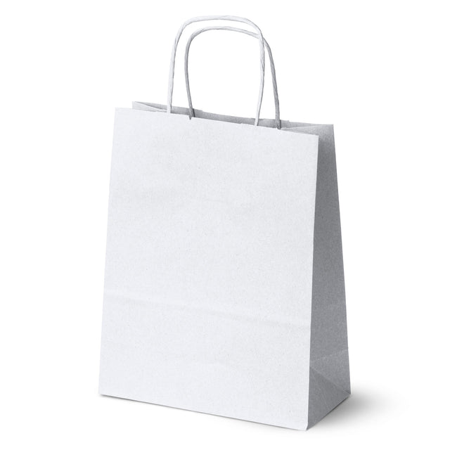 Papiertüte mit gedrehtem Tragegriff, 180 x 80 x 225 mm – Weiß