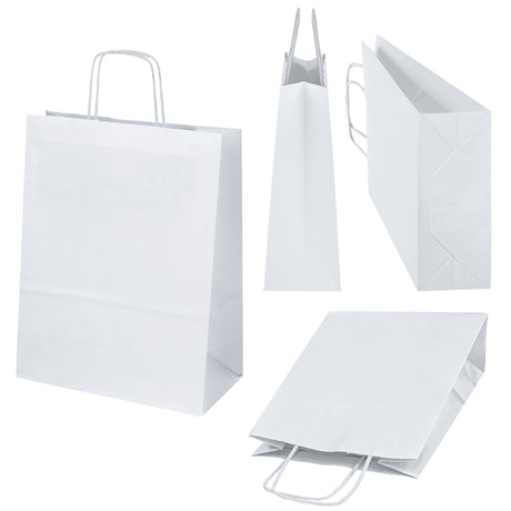 Papiertüte mit gedrehtem Tragegriff, 180 x 80 x 225 mm – Weiß